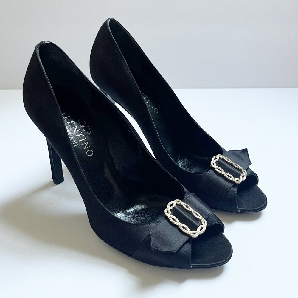 Valentino Black Satin Stiletto Peep Toe Heals Sz 40